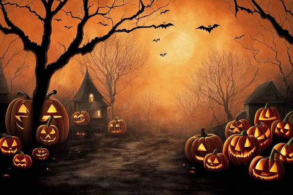 Spookachtige Halloween Bos Achtergrond Enge Pompoenen Scene Enge Griezelige Bos — Stockfoto