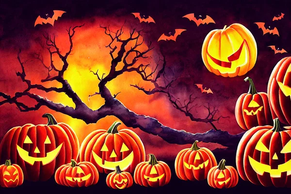 Fondo Espeluznante Del Bosque Halloween Escena Calabazas Miedo Espeluznante Bosque — Foto de Stock