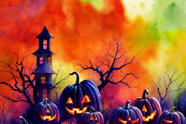 Sfondo Spettrale Della Foresta Halloween Scena Spaventosa Delle Zucche Foresta — Foto Stock