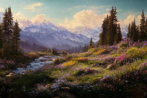 Landschap Nouveau Uitzicht Vanaf Top Van Bergvallei Bloemen Prachtig Berglandschap — Stockfoto