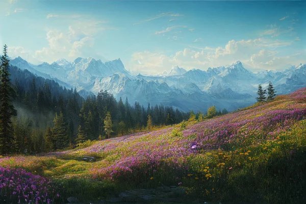 Peyzaj Yeniliği Dağ Vadisinin Tepesinden Manzara Çiçekler Güzel Dağ Manzarası — Stok fotoğraf