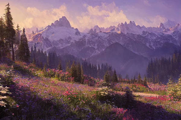 Пейзаж Новий Вид Вершини Гірської Долини Квіти Прекрасний Гірський Пейзаж — стокове фото