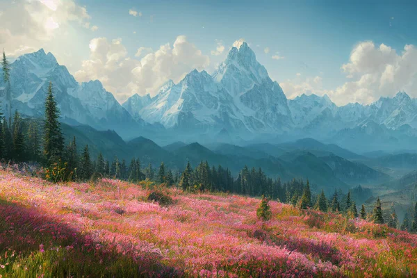 Paisagem Nouveau Vista Topo Vale Montanha Flores Bela Paisagem Montanhosa — Fotografia de Stock