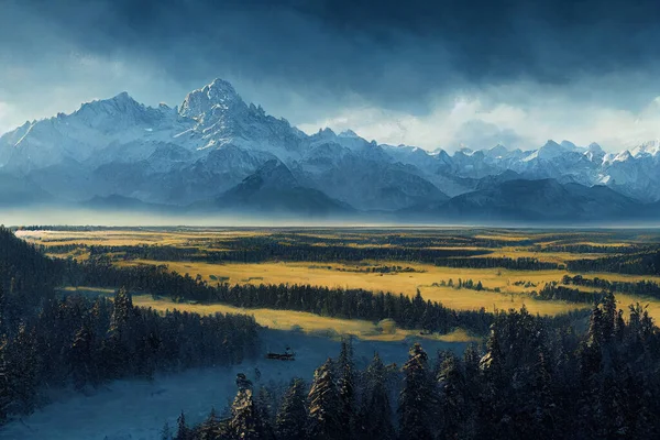 Ландшафтное Нуво Вид Вершины Горной Долины Цветы Красивый Горный Пейзаж — стоковое фото
