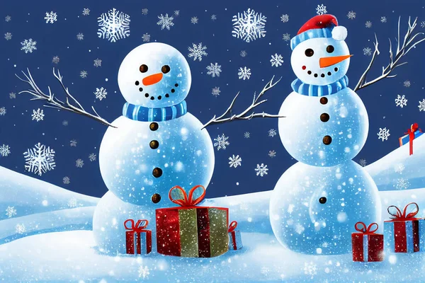 Snowman Christmas Tree Merry Christmas New Year Holidays Background — Stock Photo, Image