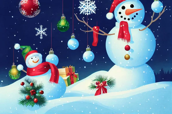 Snowman Christmas Tree Merry Christmas New Year Holidays Background — Stock Photo, Image