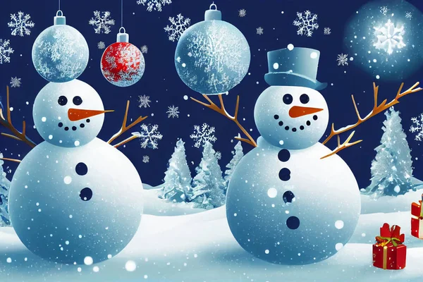 Snowman Christmas Tree Merry Christmas New Year Holidays Background — Stock Photo, Image