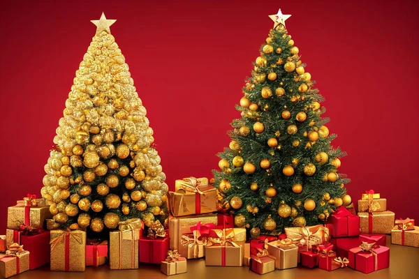 Rode Kerst Achtergrond Illustratie Boom Vrolijk Kerstfeest Fijne Feestdagen Concept — Stockfoto