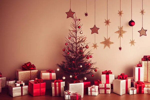 Ilustración Fondo Navidad Guirnalda Luces Árbol Navidad Con Regalos Para — Foto de Stock