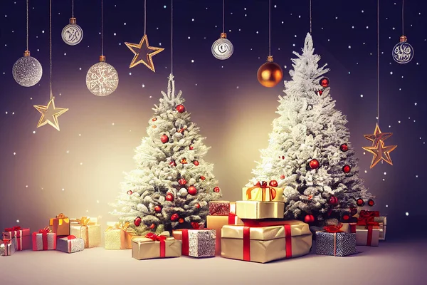 クリスマスの背景イラスト 新年の贈り物とガーランドクリスマスツリーを点灯します 赤いパッチワークの装飾ボールと工芸品で飾られたクリスマスツリーは 新年の贈り物を提示します — ストック写真