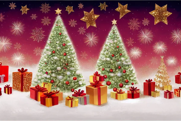 Vánoční Ilustrace Světla Věnce Vánoční Stromeček Dárky Nový Rok Vánoční — Stock fotografie