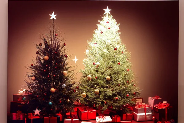 圣诞节背景图解 灯会装饰圣诞树 为新年献上礼物 圣诞树上装饰着红色的拼凑装饰球和工艺 献上新年礼物 — 图库照片
