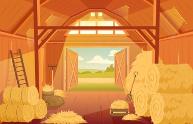 Village haystack wooden barn interior, rural dried hay shed room. Farming haymow storage, haystacks wooden village building vector background illustration. Agricultural farm barn