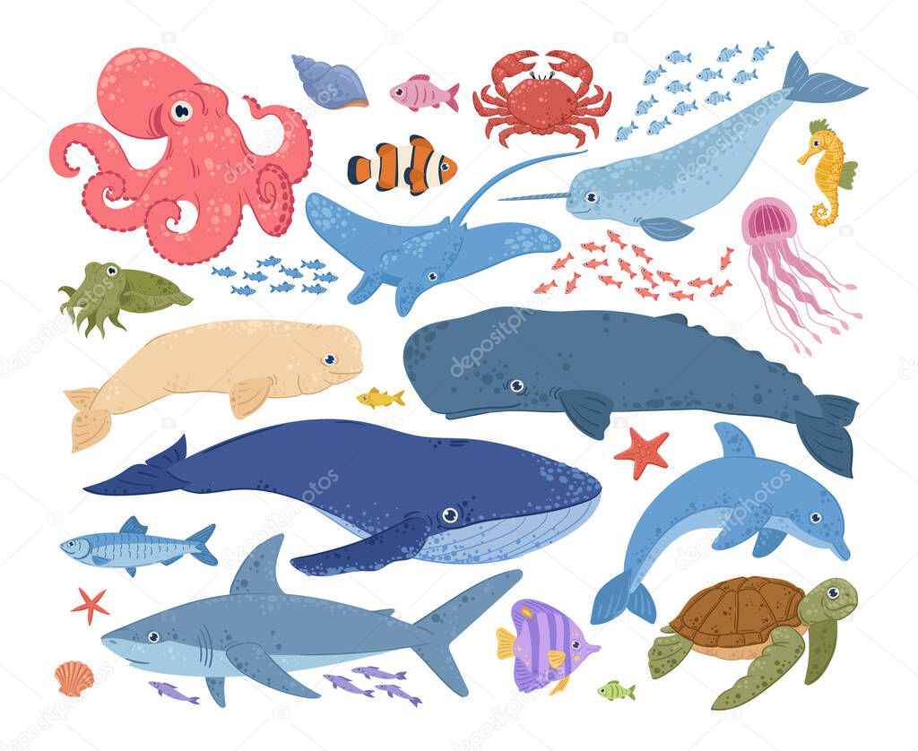 Cartoon sea, underwater life, marine animals, turtle and dolphin. Ocean wild life, underwater animals, shark, whale, octopus and fish vector symbols illustrations set. Marine underwater creatures