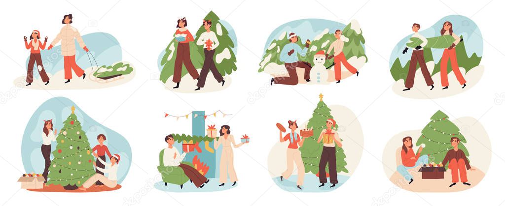Christmas people decorating xmas tree, celebrating winter holidays. Family festive preparation, decorating home and giving xmas gifts vector illustration set. Christmas eve characters