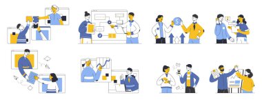 Business people team conversation, discussion and presentation, office workflow. Outline business team, office workers vector symbols illustrations set. Brainstorming and communication