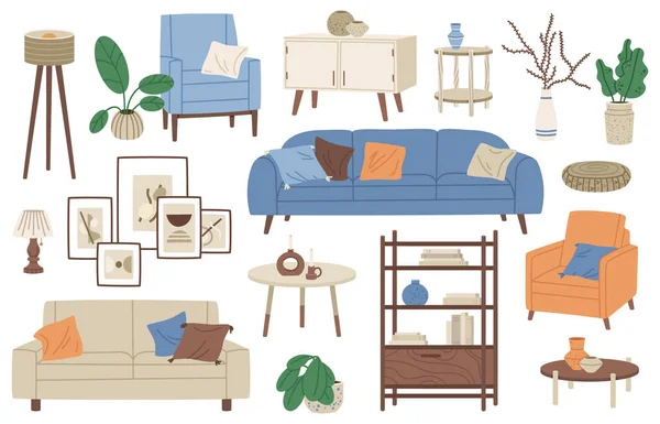 Home Interior Furniture Minimalistic Decorations Armchair Sofa Couch Doodle House — Stockvector