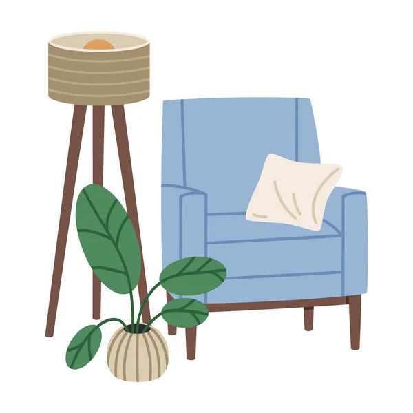 Living Room Minimalistic Interior Doodle Home Decoration Cartoon Lamp House — Stockvektor
