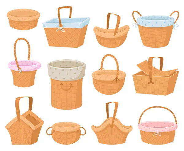 Wicker Baskets Cartoon Hamper Box Braided Picnic Handle Basket Braided — Vector de stock