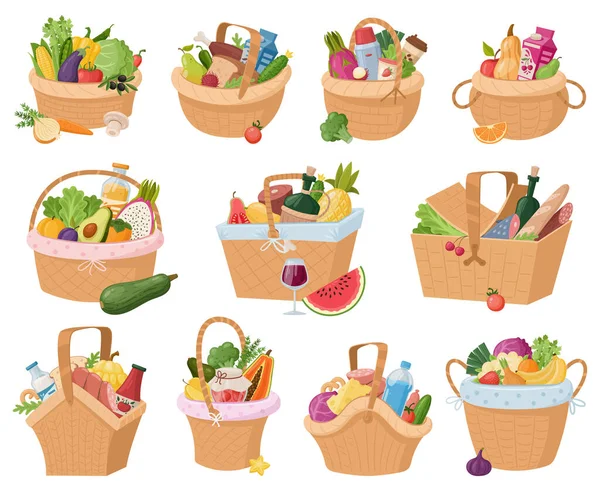 Picnic Wicker Baskets Fruits Vegetable Cheese Bread Wine Hamper Snack — Image vectorielle