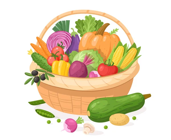 Fruits Vegetable Cartoon Basket Farm Market Healthy Food Wicker Basket — Wektor stockowy
