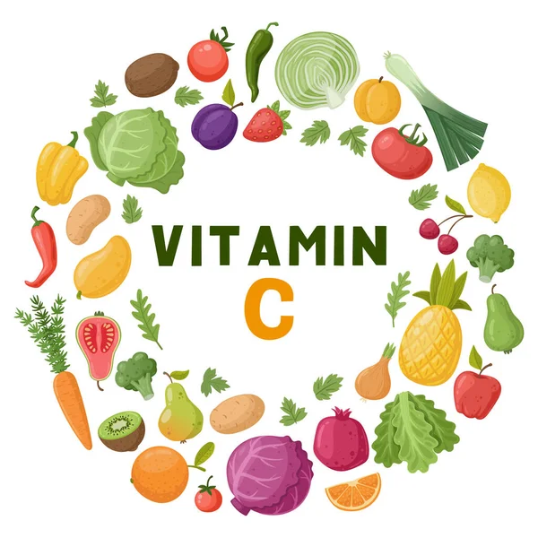 Vitamin c food, fruits and vegetable, nutrition diet antioxidant, avocado and carrot. Natural vitamin C sources, nutrition antioxidant kiwi and lemon vector symbols illustrations