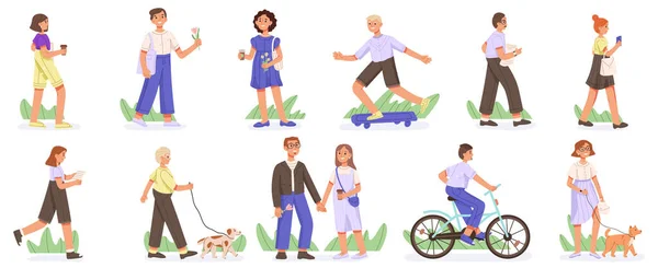Cartoon People Walking Street Riding Bike Dating City Crowd Flat — Wektor stockowy
