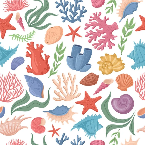 Cartoon marine sea shell, starfish, coral seamless pattern. Ocean underwater clams, seashells, coral and seaweed vector symbols background set. Marine wildlife elements