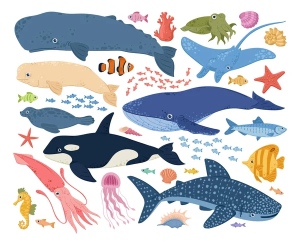 Cartoon sea animals, underwater creatures, fish, jellyfish, whale and octopus. Ocean aquatic animals, shark, turtle, crab and dolphin vector symbols illustrations set. Underwater marine fauna