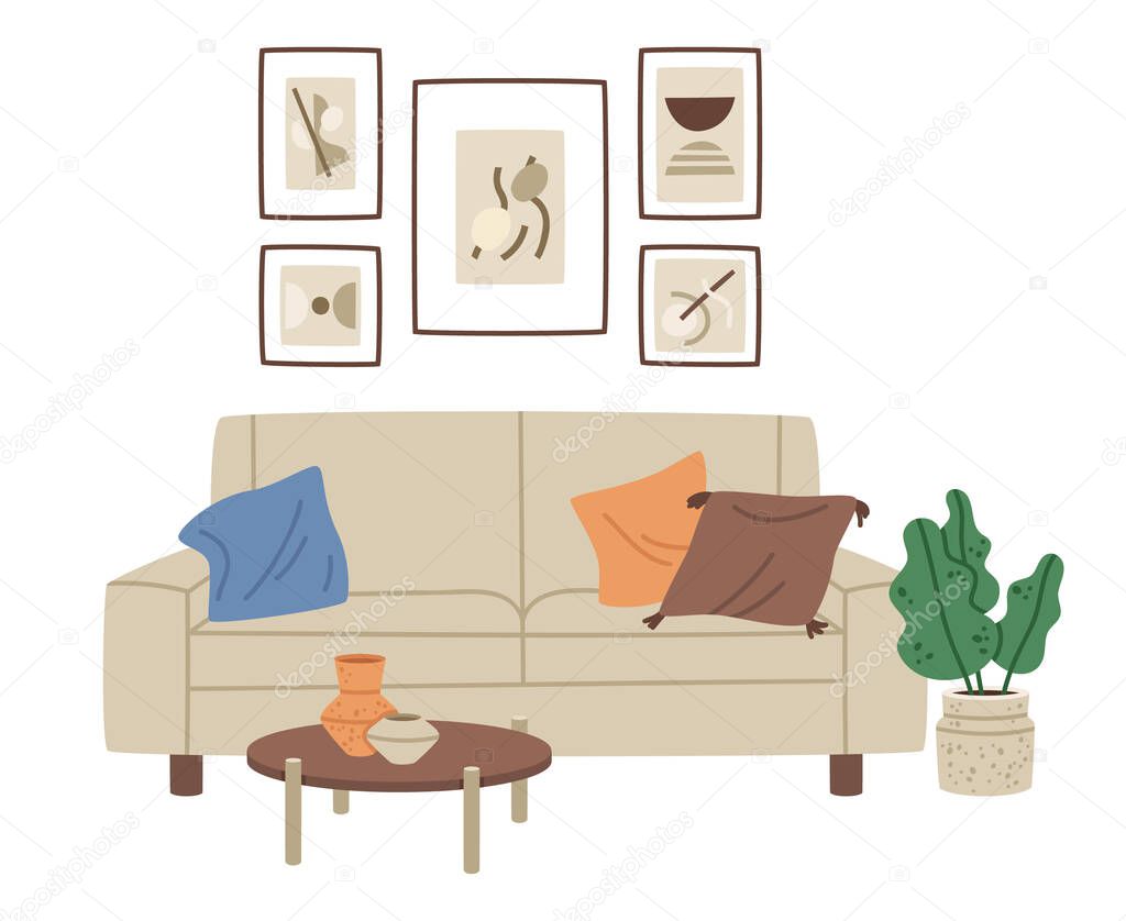 Cartoon living room interior, minimalistic furniture, sofa, tea table, potted plant. Doodle house modern interior isolated vector illustration. Contemporary cozy living room