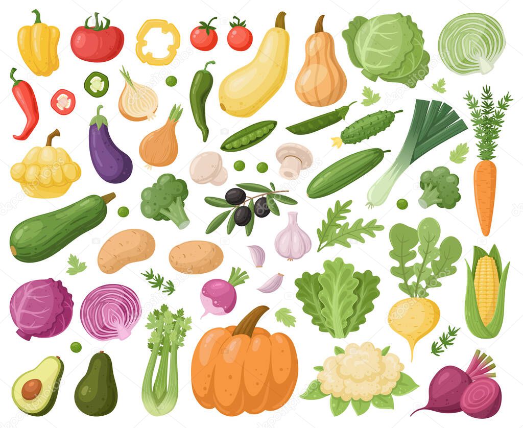 Cartoon vegetable, celery, zucchini, onion, carrot and cauliflower. Fresh organic vegetable, vegetarian food cabbage and cucumber. Vegetables vector isolated symbols set