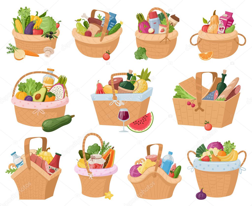 Picnic wicker baskets, fruits, vegetable, cheese, bread and wine. Hamper snack handle baskets, beverage, dining, dish wicker baskets. Market picnic basket vector symbols set