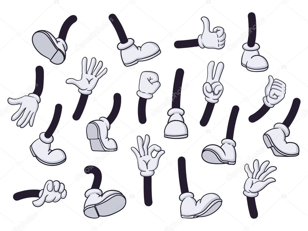 Cartoon mascot legs and hands, comic book character doodle objects. Comic legs in boots and gloved hands vector symbols illustrations. Mascot arm and foot