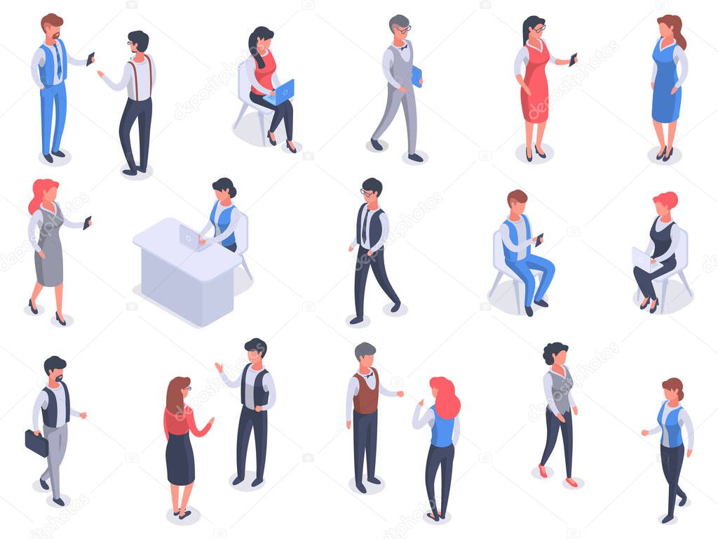 Isometric office people, business character conversation. Office team business workflow, meeting and partnership vector symbols illustrations. Business character