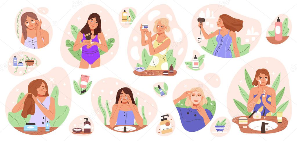 Skincare facial beauty routine, woman skin and hair care, cosmetic products. Cartoon girls doing home spa procedures vector symbols illustrations. Cleansing, moisturising facial care scenes