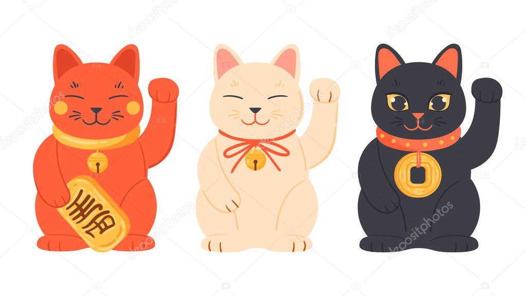 Cartoon fortune cat Maneki neko, oriental Japanese lucky cats. Black, white and red traditional cat toys vector illustrations set. Richness and fortune cats mascots