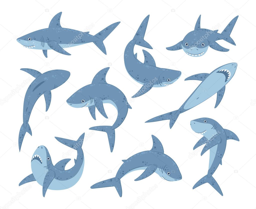 Cartoon ocean shark mascots, marine predator creatures. Swimming shark underwater creature, scary marine fauna creature vector symbols illustration set. Ocean shark predator