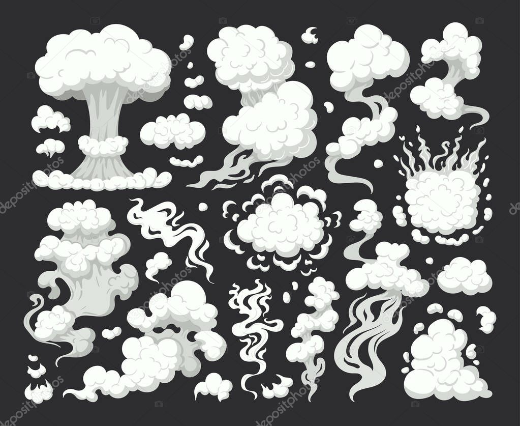 Cartoon smoke or dust clouds, puff comic smoke explosion elements. Steaming cloud flows, comic clouds silhouettes vector symbols illustrations set. Smog smell collection