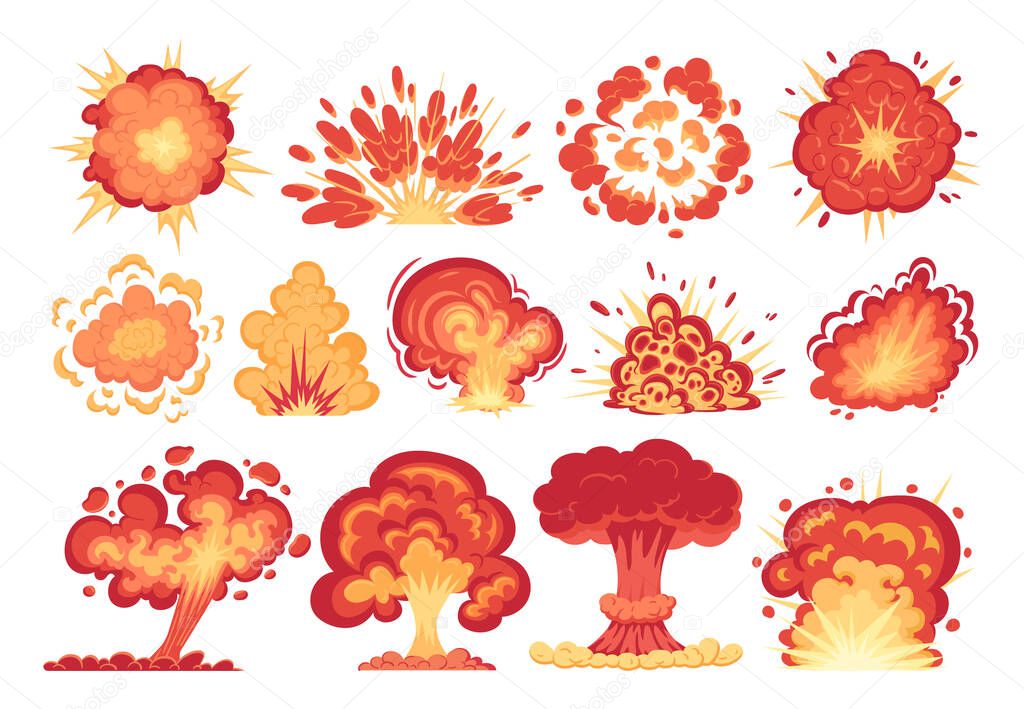 Cartoon bomb explosions, dynamite detonation fire burning clouds. Danger bomb explosion with fire and comic smoke clouds vector illustrations set. Bomb detonation collection