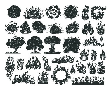 Cartoon flames silhouettes, burning flame, sketched wildfire elements. Doodle flame, smoke and fire burning clouds silhouette vector illustrations set. Sketched flames symbols