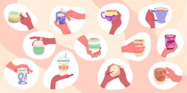 Hands holding coffee, tea cup, hot drink mugs. Coffee cups in human hands, latte, cacao and matcha hot beverages vector symbols illustrations set. Hot drinks mugs