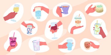 Coffee mug in hands, hot tea cup, glass of wine and water. Hands holding coffee, matcha, tea and wine cups and glasses. Cartoon vector symbols illustrations set