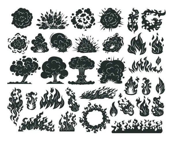 Cartoon flames silhouettes, burning flame, sketched wildfire elements. Doodle flame, smoke and fire burning clouds silhouette vector illustrations set. Sketched flames symbols