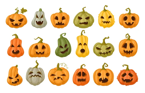 Cartoon Carved Halloween Pumpkin Faces Scary Pumpkins Characters Halloween Holiday — Vector de stock