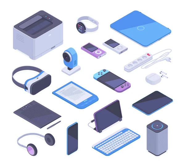 Isometric Gadgets Tablet Printer Computer Ebook Icons Smartphone Keyboard Mouse — Stockový vektor