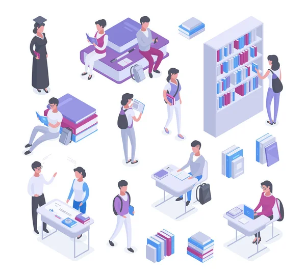 Isometric High School College Studying Teenage Students Characters Pupils School — 스톡 벡터