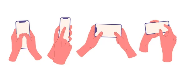 Руки Мобильным Телефоном Человеческая Рука Смартфоном Человеческие Руки Касаются Экранов — стоковый вектор
