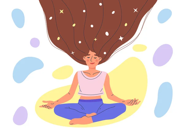 Meditating Relaxing Woman Yoga Lotus Pose Peaceful Female Character Meditation — Vector de stock