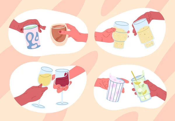 Cheers Glasses Hands Holding Beer Wine Cocktail Glass Toast Concept — 스톡 벡터