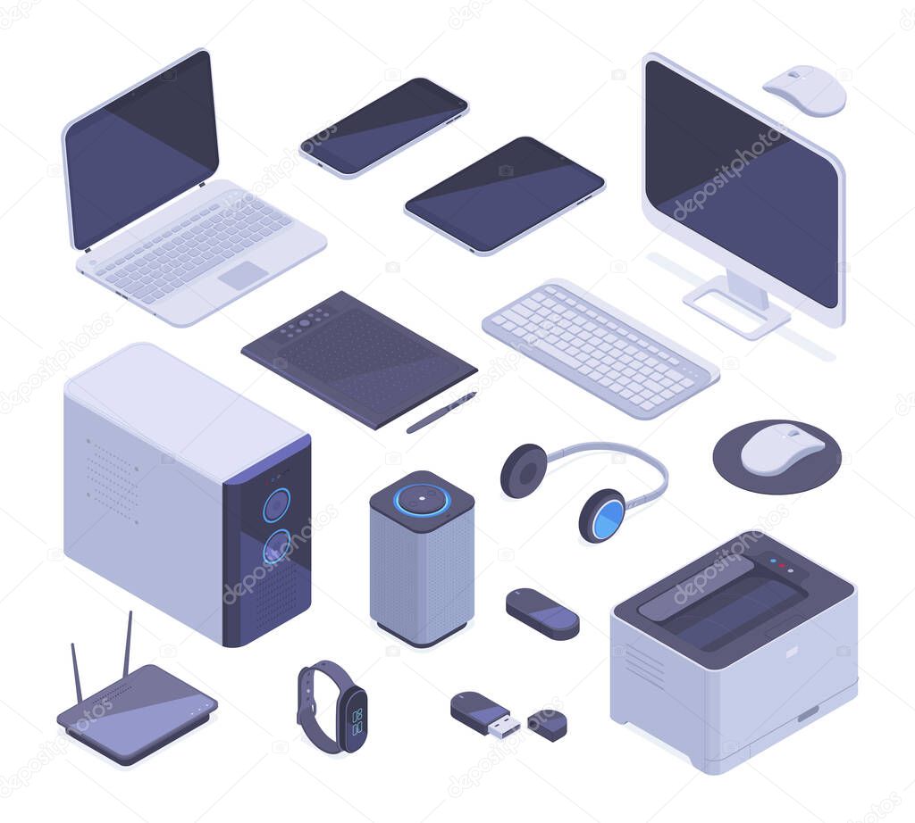 Isometric laptop, keyboard, tablet, pc, phone and smart speaker. Modern 3d wireless gadgets, mouse, tablet and headphones vector illustration set. Digital electronic elements